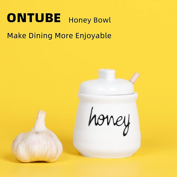 12 oz Honey Jar with Dipper and Lid, Ceramic Honey Pot, White