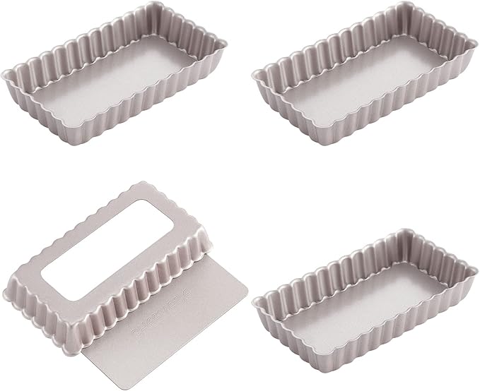 CHEFMADE Mini Rectangle Tart Pan Set, 2x4-Inch 4Pcs with Removable Loose Bottom Non-Stick Oblong Quiche Bakeware for Oven and Instant Pot Baking (Champagne Gold)