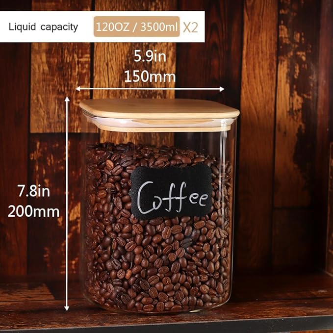 Large Glass Flour and Sugar Containers, Set of 2-120 oz Glass Food Storage Containers with Airtight Lids, Square Glass Jars with Bamboo Lids for Rice, Pasta, Cookies, Sugar