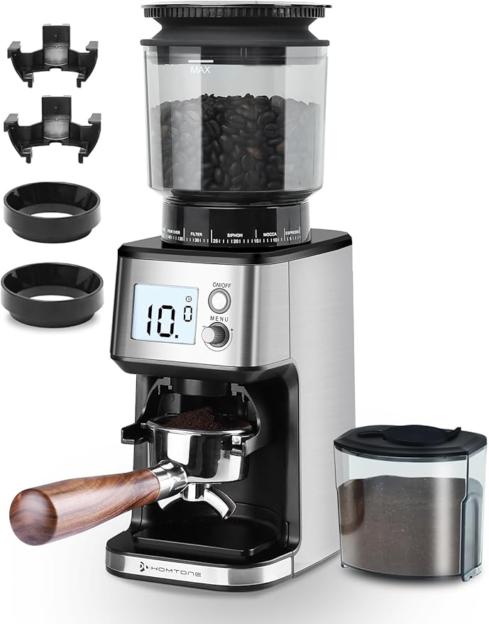Homtone Conical Burr Espresso Coffee Grinder, 51 Precise Settings, Electric Mill with Portafilter Holder, 2-12 Cups Adjustable, Anti-static, Stainless Steel, 120V