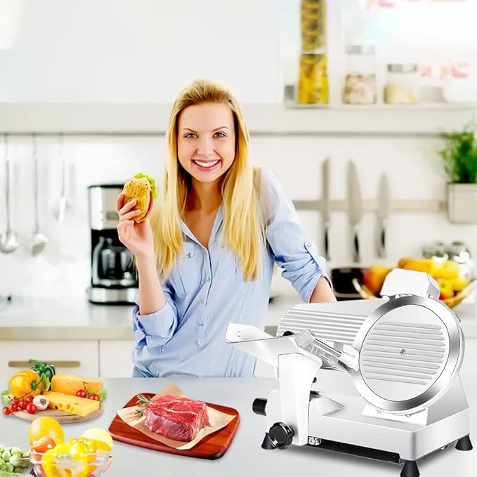 Meat Slicer10-inch 340W Home Use and for Commercial Electric Food Slicer with Chromium-plated Steel Blade and Built-in Sharpening Stone Easy to Clean Adjustable Thickness Cuts Meat Bread and Cheese
