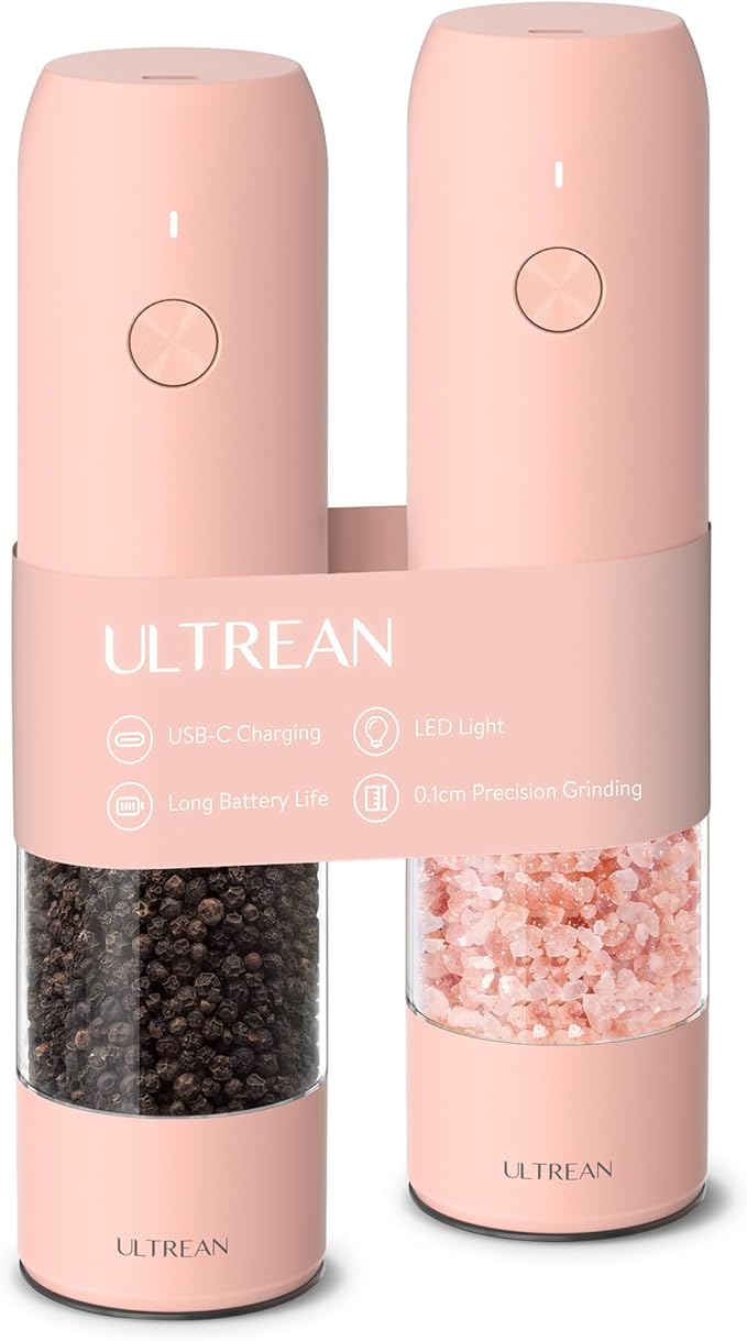 Ultrean Electric Pepper Grinder, Rechargeable Salt and Pepper Grinder with 6 Adjustable Coarseness, LED Light, One-Hand Automatic Operation, Pink