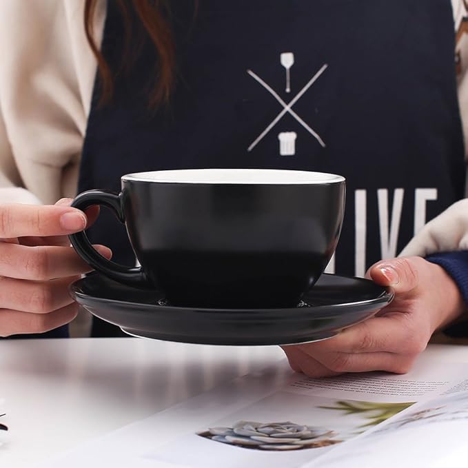 Latte Art Cup and Saucer Fine Porcelain for Latte & Cappuccino, Mate for Coffee Shop and Barista (Matte Black, 10.5 oz)