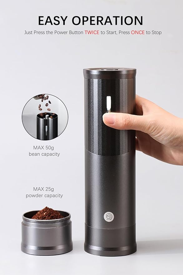 Electric Coffee Grinders, Portable Burr Grinder Capacity 50g w/Magnetic Cover,External Adjustable Setting, Aluminum Alloy Body, 800mAh Battery(Stand not Included) Silver