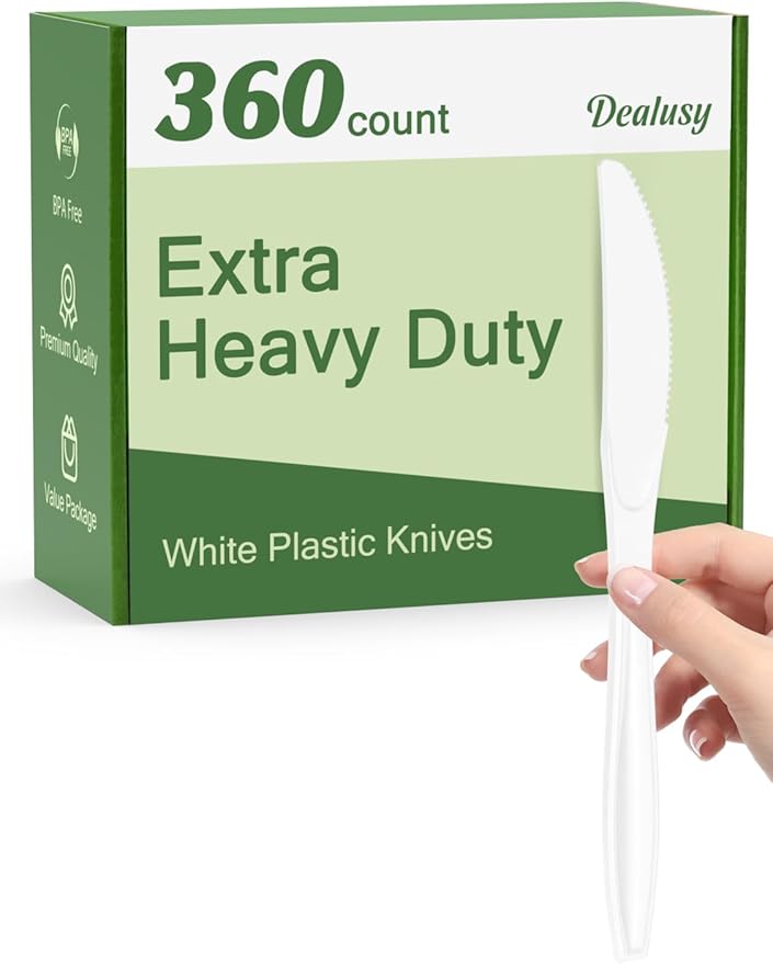 360 Count Extra Heavy Duty White Plastic Knives Disposable, BPA-Free, Heat Resistant, Solid and Durable Disposable Knives Bulk, Premium Plastic Knives heavy duty for Party Supply