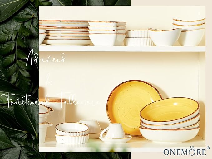 ONEMORE Porcelain Pasta Bowl 30 Oz, Large Ceramic Salad Serving Bowl/Oven, Set of 6 Kitchen Dinnerware, Microwave and Dishwasher Safe, Easy to Clean, Yellow