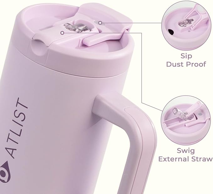 100% Leakproof 40 oz Tumbler with Handle & 4-in-1 SipSwig Lid, Built-In Flip Straw & External Stainless Steel Straw, Insulated Stainless Steel Cup, BPA-Free, Purple
