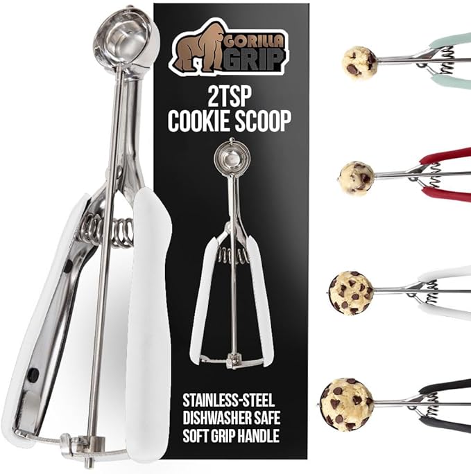 GORILLA GRIP Stainless Steel Multipurpose BPA-Free Spring Scoop, 2 TSP, Melon Ballers, Cookie Dough Scoops, Perfect Portion Sizes, Easy Squeeze and Clean Release, Scooper Size 100, White