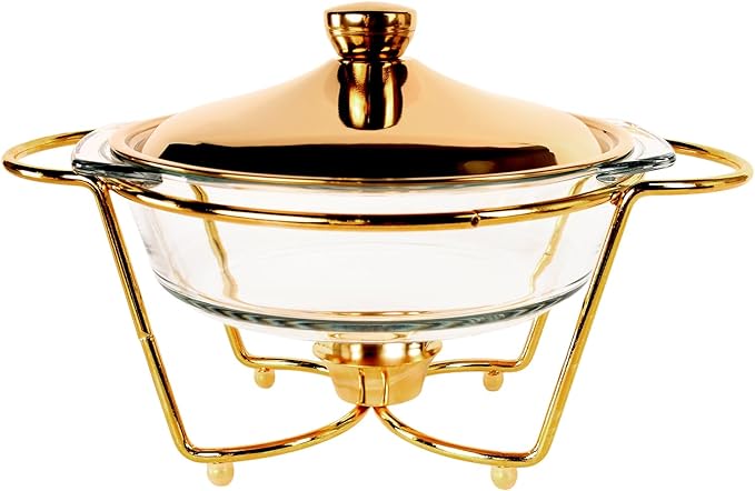 Casserole Dish 9" Glass Baking Dish with Stainless steel Lid and Golden rack, 1.5 Qt round Baking Pan For Casserole & Lasagna, Microwave Dishwasher Freezer Oven Safe