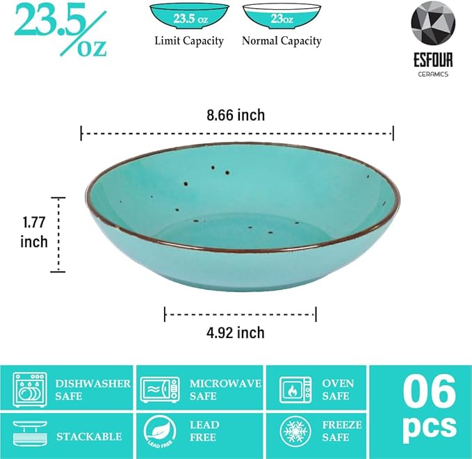 Esfour 8 Inch Porcelain Pasta Bowl, 16 Ounce Salad Bowls, Microwave & Dishwasher Safe, Sturdy & Stackable, Set of 6 Ceramic Bowl Plate Set, Wide Shallow Salad Bowls, Natural Assorted Colors