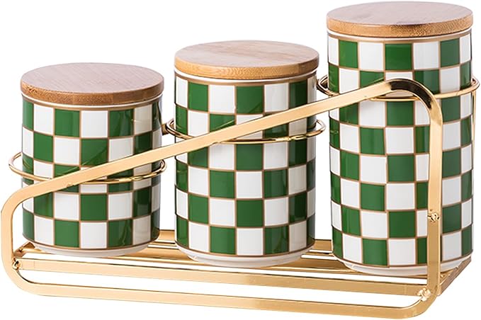 Kitchen countertop ceramic grid pattern airtight jar set - a set of 3 kitchen jars with layered shelves, sealed countertop flour and sugar containers, coffee and tea storage (Green)