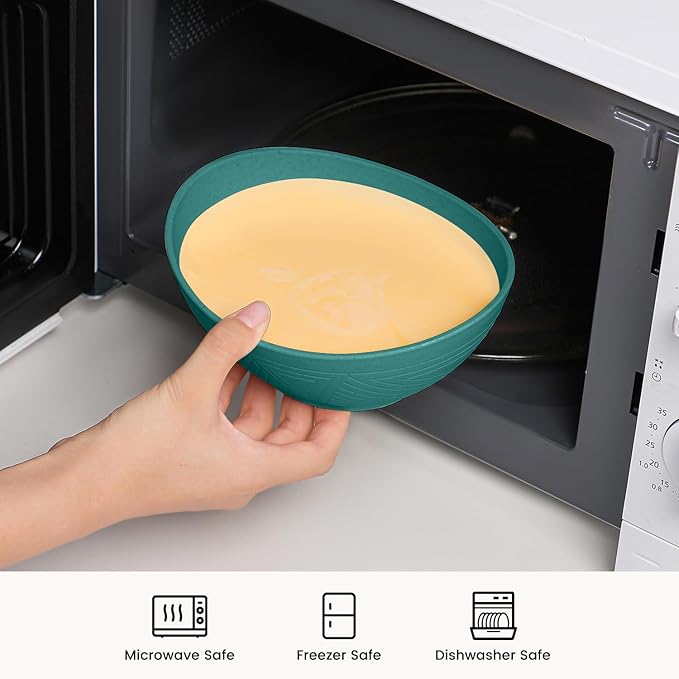 Wheat Straw Cereal Bowls Set of 4, Plastic Bowls Reusable 26 OZ, Unbreakable Bowl for Kitchen, Salad, Fruit, Cereal, Popcorn, Dishwasher and Microwave Safe Serving Bowl for Camping - Green