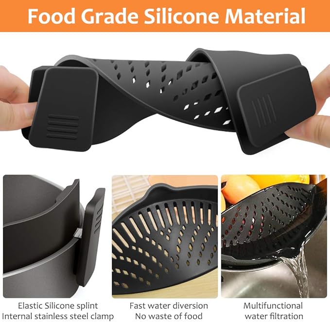 YEVIOR Clip on Strainer for Pots Pan Pasta, Silicone Food Strainer Hands-Free Pan Strainer, Clip-on Kitchen Food Strainer for Spaghetti, Pasta, Ground Beef Fits All Bowls and Pots (Black)