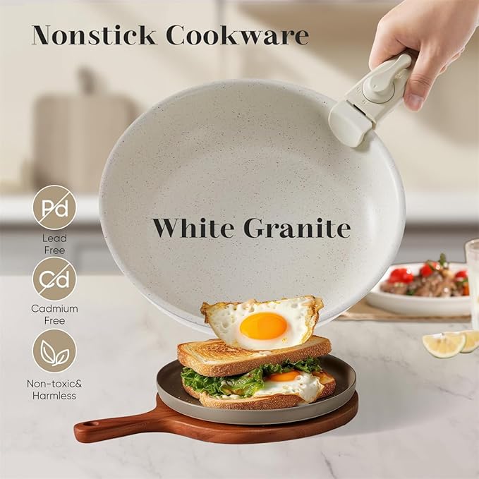 12 Pcs Pots and Pans Set, Nonstick Kitchen Cookware Sets Detachable Handle, Induction Healthy Non Stick RV Cookware, Dishwasher & Oven Safe, Beige