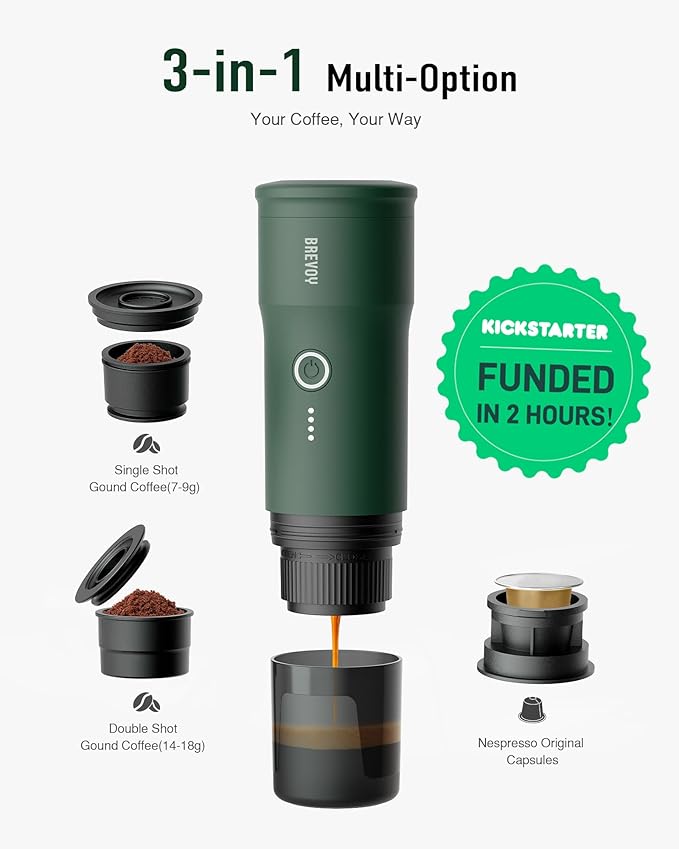 Portable Electric Espresso Machine, Ground Coffee & Capsule, Self-Heating, 20 Bar 12V Mini Car Travel Coffee Maker with 9000mAh Battery-Ideal for Camping, RV, Hiking, Office