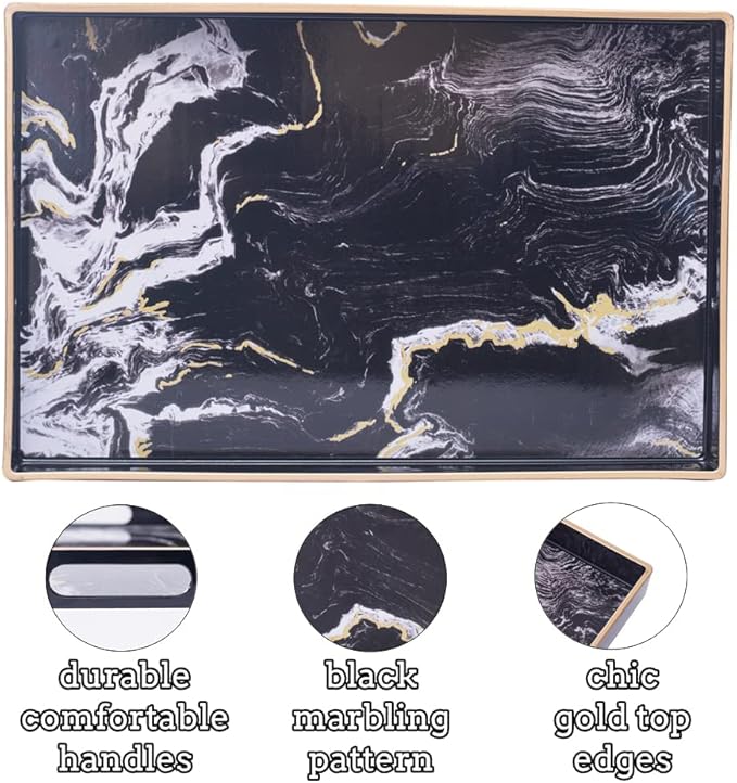 MAONAME Decorative Tray, Plastic Marbling Tray with Handles, Rectangular Coffee Table Trays for Ottoman, Bathroom, 15.7” x 10.2”, Black