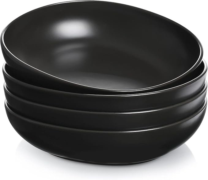 Teocera Pasta and Salad Bowls Set - Large 50 Ounce Porcelain Matte Black Square Bowls, Set of 4 - Microwave and Dishwasher Safe