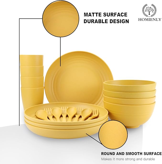 Homienly Wheat Straw Dinnerware Sets, 20pcs Unbreakable Microwave Dishwasher Safe Tableware Lightweight Bowls, Cups, Plates Set Reusable Dinner Plates Bowls set (Yellow)