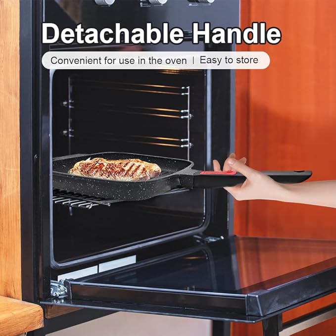 Griddle Pan with Detachable Handle, 10 Inch Cast Aluminium Non Stick Steak Pan for Induction Hob, Black
