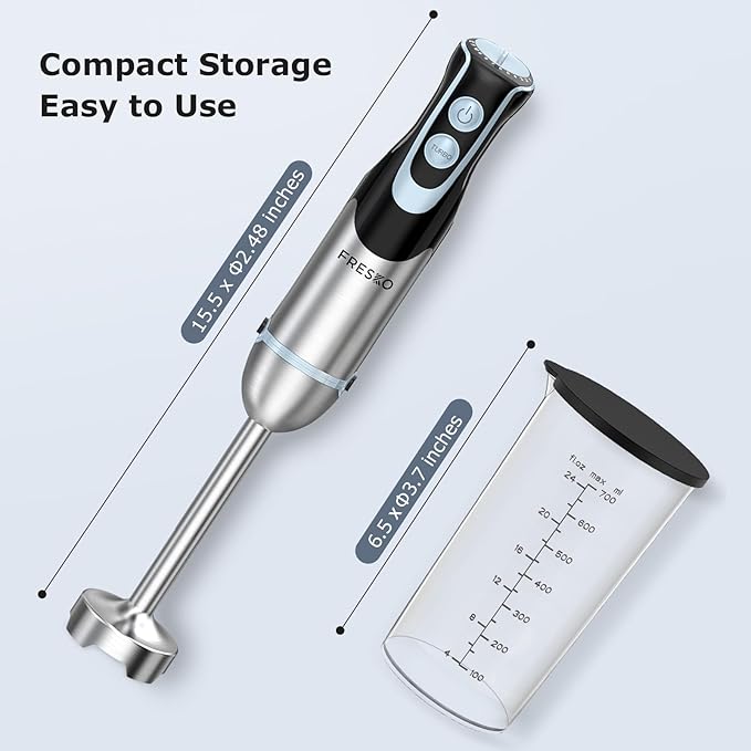 FRESKO Immersion Handheld Blender 500W with 700ml Beaker, 12-Speed & Turbo Mode Hand Blender Stick, 304 Stainless Steel Blades