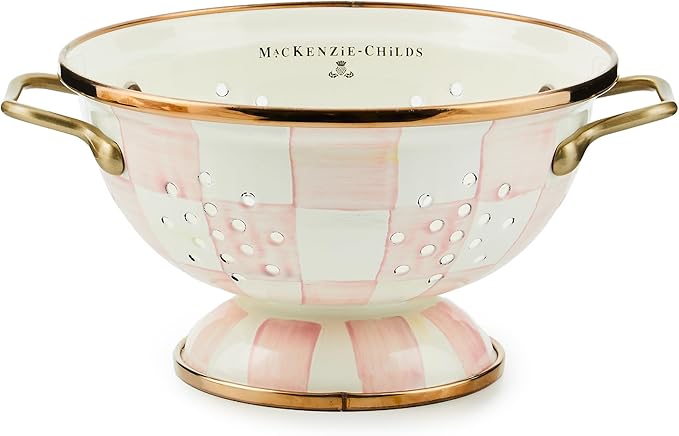 MACKENZIE-CHILDS Enamel Colander, Decorative Kitchen Strainer, Small, Pink-and-White Rosy Check
