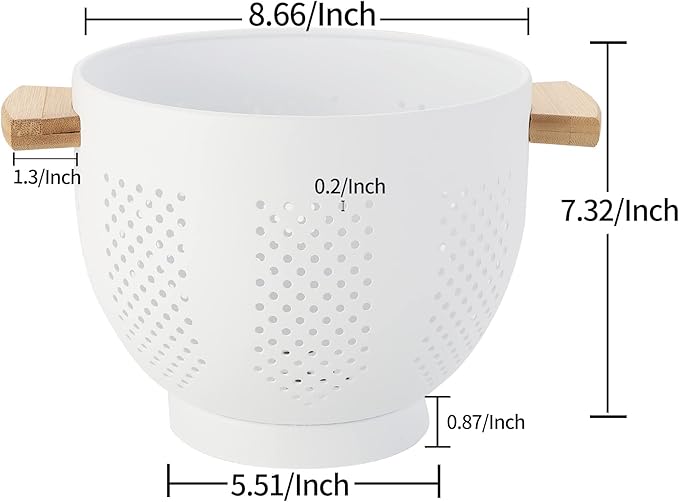 Metal Colander with Wood Handle and Stable Base, Powder Coated Steel Kitchen Strainer Basket for Draining Pasta, Vegetable and fruit (5.5quart,Matte White)