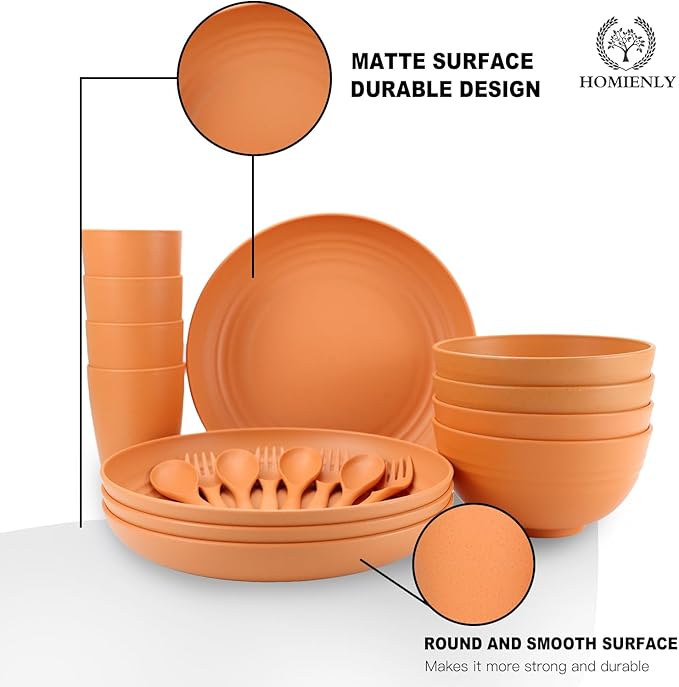 Homienly Wheat Straw Dinnerware Sets, 20pcs Unbreakable Microwave Dishwasher Safe Tableware Lightweight Bowls, Cups, Plates Set Reusable Dinner Plates Bowls set (Orange)