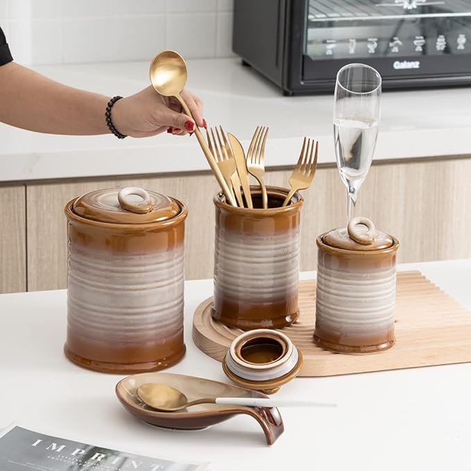 Nihow Ceramic Food Storage Jar Sets: Container with Air Tight Ceramic Lid for Flour/Sugar/Rice/Coffee/Cookies/Candy - Seal Damp-proof Canister for The Kitchen - Set of 3 (Brown)