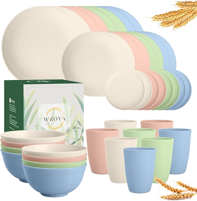 Wheat Straw Dinnerware Sets 40PCS, Unbreakable Plates and Bowls Sets Service for 8, Microwave and Dishwasher Safe Dish Set, Dinning Plates/Cereal Bowls/Drinking Cups for Kitchen,Camping-Nordic