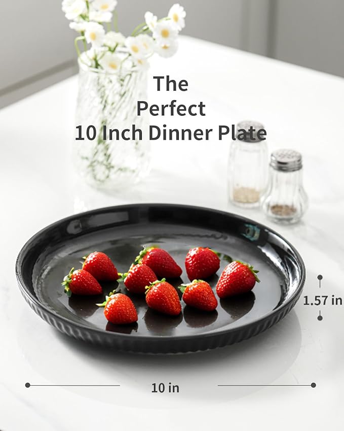 Hasense Black Dinner Plate Set of 6, 10 Inch Ceramic Plates for Kitchen, Large Salad Plates for Lunch, Dinnerware Dish for Restaurant, Home, Microwave Safe Dish for Mother's Day & Housewarming Gift