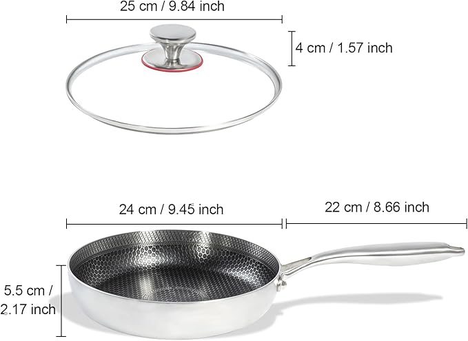 9 inch stainless steel frying pan with lid, hybrid non-stick skillet for induction, oven, broiler & dishwasher, non-toxic chef's pan, pfoa-free cookware