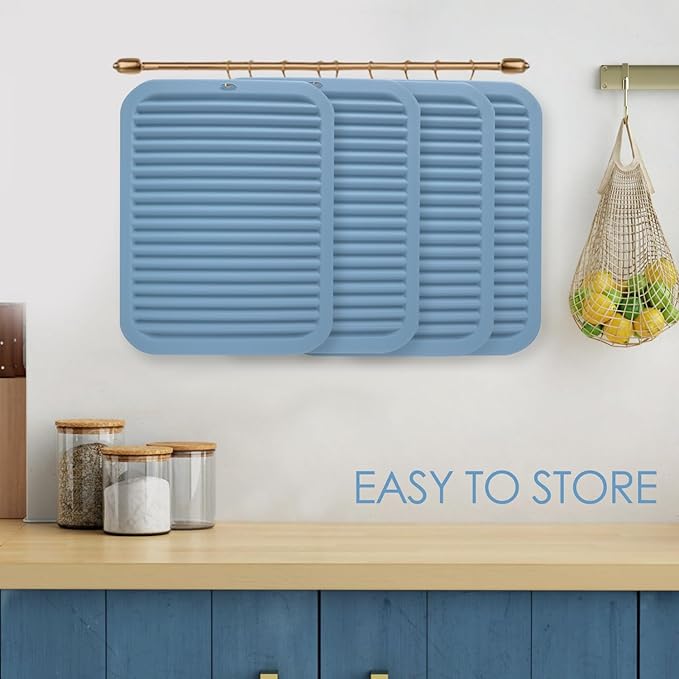 Large Silicone Trivet for Hot Dishes, 4PCS Hot Pads Trivets Mats for Hot Pots and Pans, Heat Resistant Silicone Hot Pot Holders, Blue Tables Mat for Countertop, Jar Opener, Drying Mat
