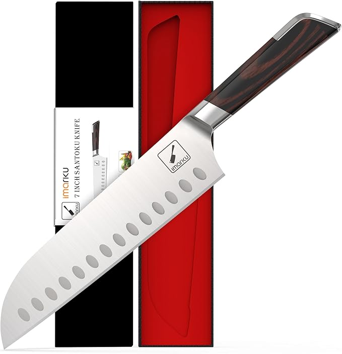 imarku Japanese Chef Knife, Ultra Sharp Santoku Knife 7 Inch, Professional Grade Powder Steel Forged Kitchen Knife, Pakka Wood Ergonomic handle, Gifts for Women and Men