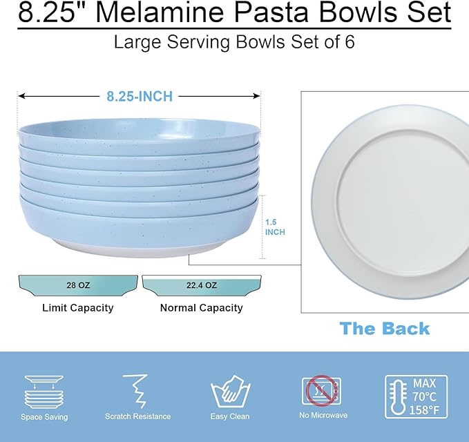 Webbylee 8.25" Melamine Pasta Bowls Set of 6-28oz Melamine Large Salad Bows,Serving Bowls for Cereal, Fruit, Soup,Deep Enough for Kitchen and Dining Blue/Beige