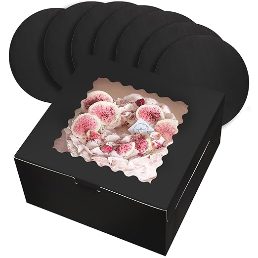 qiqee 10x10x5 Cake Box, 18 Sets Black Cake Box with Window & 18 Sets 10" Black Cake Round Boards, 10inch Cake Containers