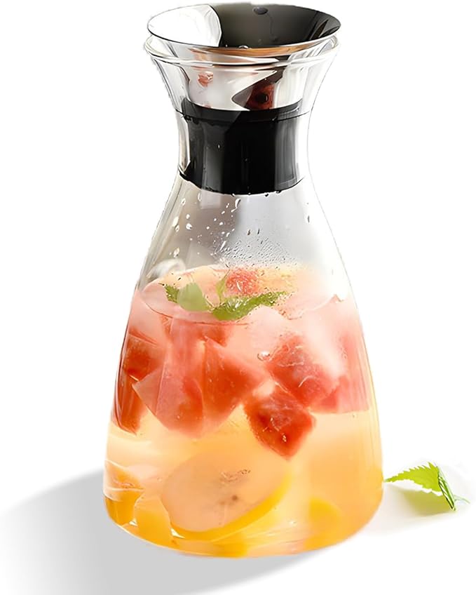 Glass Pitcher with Lid, 52 Ounces Juice Pitcher High Borosilicate Drip-free Glass Carafe Easy Pour Gallon Pitcher for Hot/Cold Water, Ice Tea, Juice Beverage, Transparent