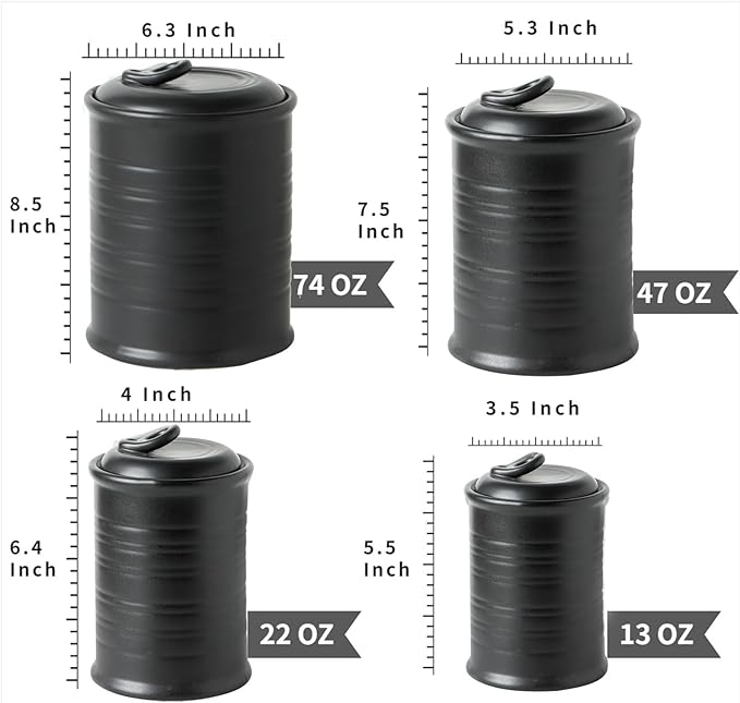 Nihow Food Storage Jar Sets: Ceramic Container with Air Tight Lid for Flour/Sugar/Rice/Coffee/Cookies/Candy - Seal Damp-proof Canister for The Kitchen Counter - Set of 4 (Matte Black)