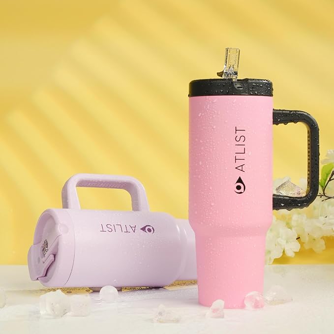 100% Leakproof 40 oz Tumbler with Handle & 4-in-1 SipSwig Lid, Built-In Flip Straw & External Stainless Steel Straw, Insulated Stainless Steel Cup, BPA-Free, Pink & Black