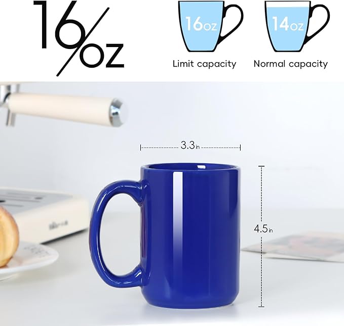 Smilatte 16 OZ Porcelain Coffee Mugs, Classic Blank Ceramic Cup with Large Handle for Tea Latte Cappuccino, Set of 4, Blue