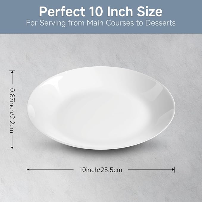 White Ceramic Dinner Plates Set of 8, 10 inch, Salad Plates, Pizza Plates, Dinnerware Sets, Microwave & Dishwasher Safe