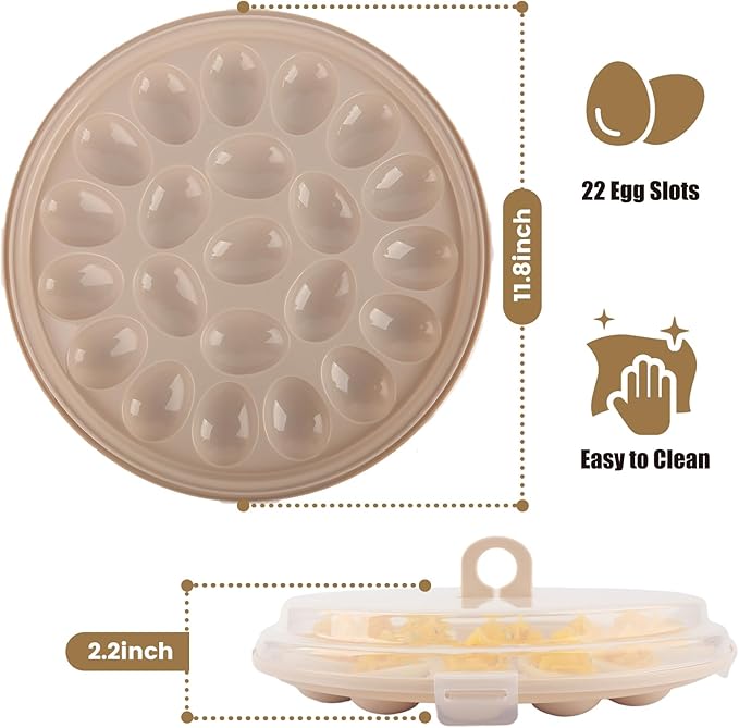 HAKSEN Deviled Egg Containers with Lid, Portable Deviled Egg Platter Carrier Holder Trays with 22 Slots for Holiday Party and Home Kitchen, Brown