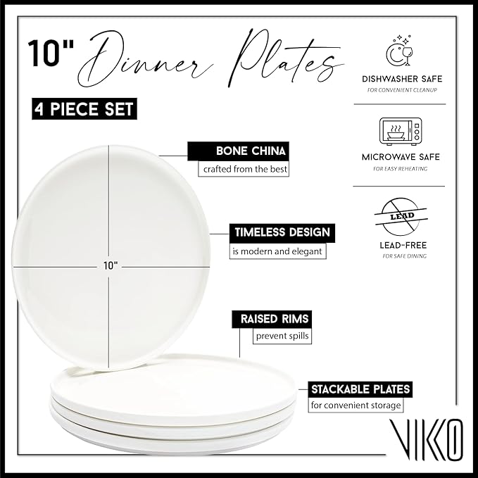 Vikko Salad Plate, Set of 4 White Plates, Bone China, Stackable 10 Inch Dinner Plates, Dishwasher Safe