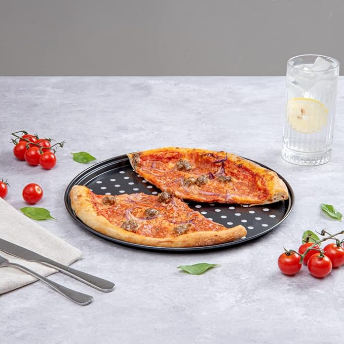 Restaurantware Met Lux 13 Inch Pizza Pan With Holes 1 Heavy-Duty Pizza Pan With Holes - Perforated Non-Stick Carbon Steel Pizza Crust Pan Keeps Pizza Fresh For Any Food Service Establishments