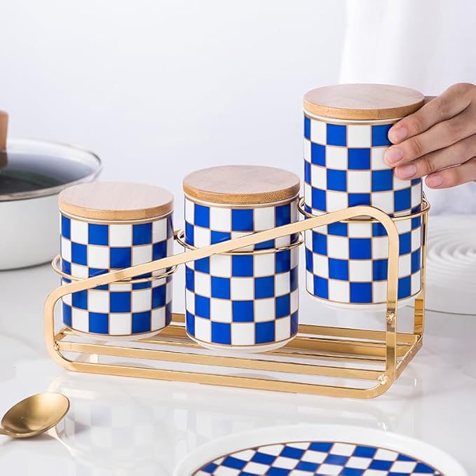 Kitchen countertop ceramic grid pattern airtight jar set - a set of 3 kitchen jars with layered shelves, sealed countertop flour and sugar containers, coffee and tea storage (Blue)