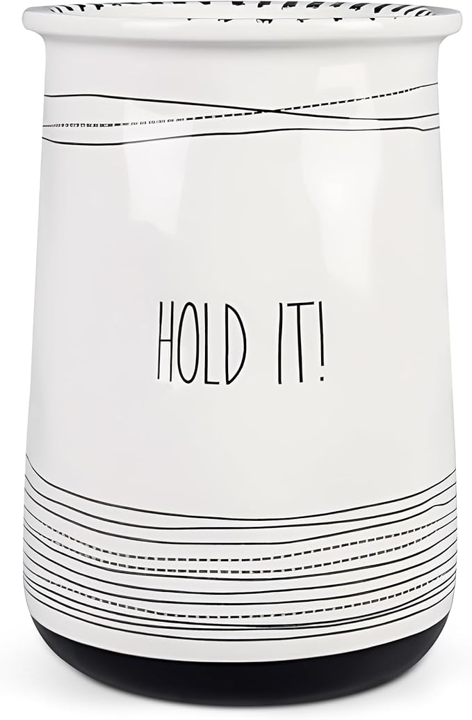 Young's Inc Ceramic Farmhouse Utensil Holder for Kitchen Counter, Black and White Farmhouse Décor Utensil Crock, 4” Diameter Kitchen Utensil Holder 20142