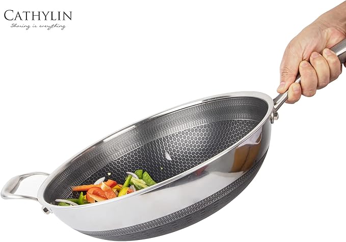 13'' 316L Stainless Steel Stir-fry Wok with Lid,Non Stick Skillet with Stay-cool Handle PFOA Free Suitable for Induction, Ceramic, Electric, and Gas Cooktops