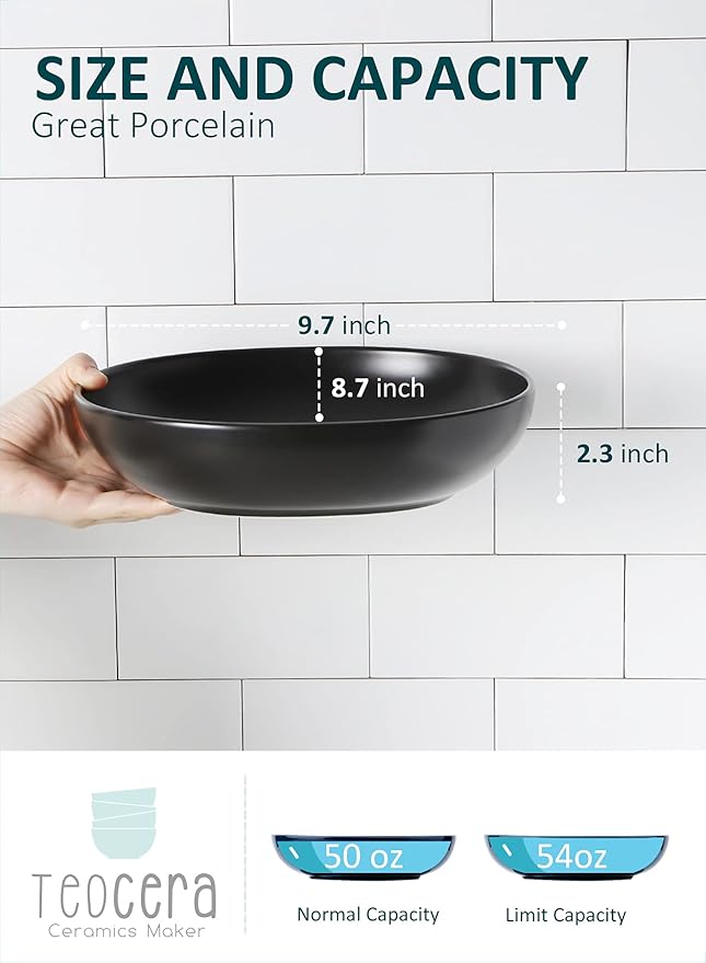 Teocera Pasta and Salad Bowls Set - Large 50 Ounce Porcelain Matte Black Square Bowls, Set of 4 - Microwave and Dishwasher Safe