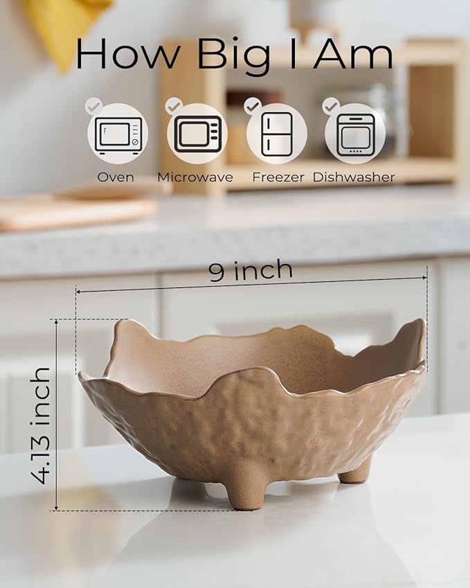Fruit Bowl for Kitchen Counter, Porcelain Decorative Bowl for Home Décor Modern Pedestal Bowl with 3-Legs Large Centerpiece Bowl for Breads, Nuts, Brown