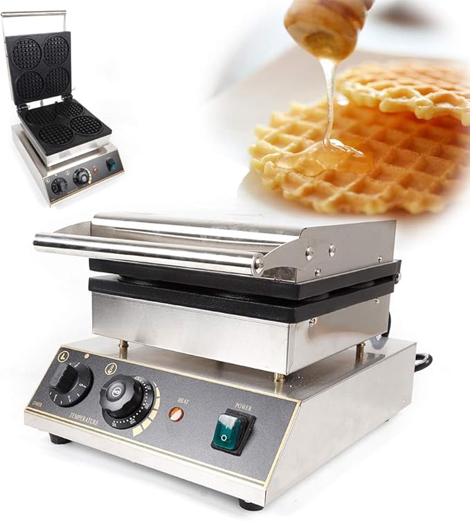 1750W Commercial Waffle Maker, 4 Grids Electric Round Waffle Maker Non-Stick Stainless Steel Belgian Waffle Iron w/Time & Temper Adjustable| Food Clip|Whisk, Large Waffle Machine for Restaurant Party