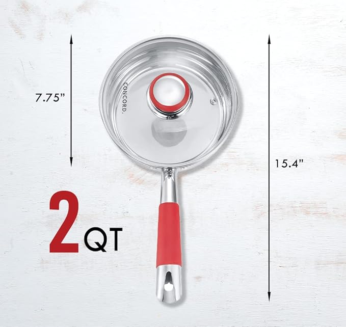Concord 2 Quart Stainless Steel Saucepan with SIMPLE POUR Vented Glass Lid. Features Dual Pouring Spouts and Volume Marking. Perfect for making Sauces, Jam, Ramen, and more